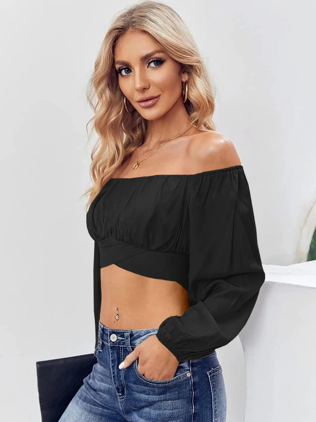 Tankaneo Women's Tie Back Off Shoulder Crop Top