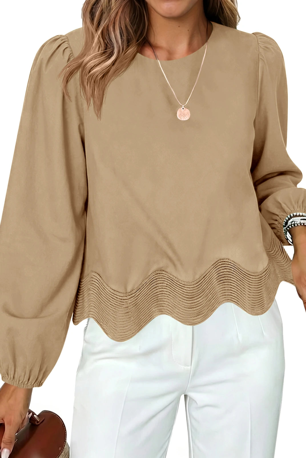 Tankaneo Women's Puff Sleeve Scallop Crop Blouse