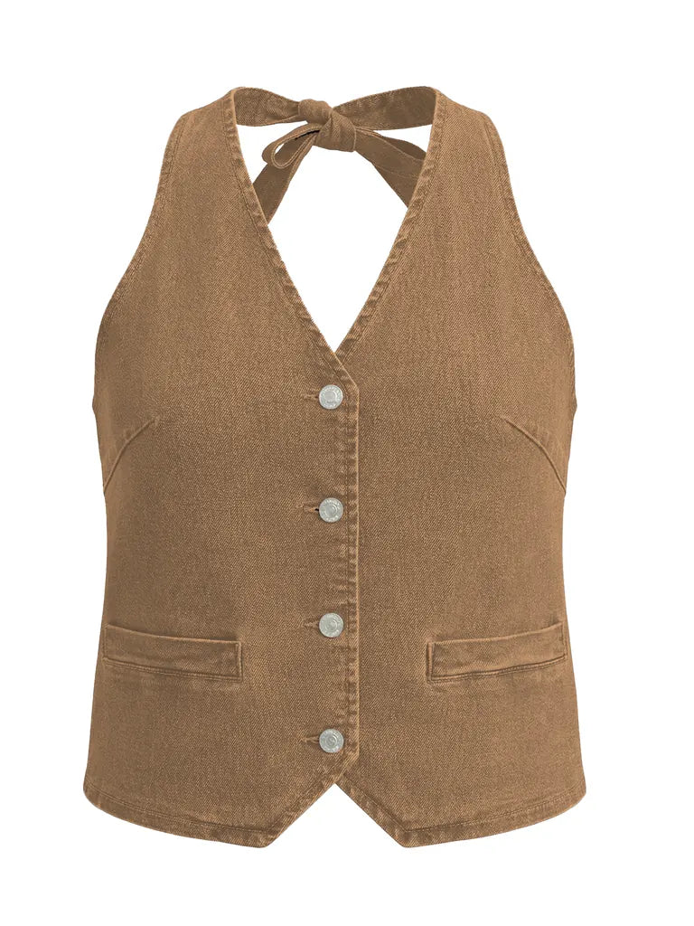 Tankaneo Women's Button-Down Denim Vest Top