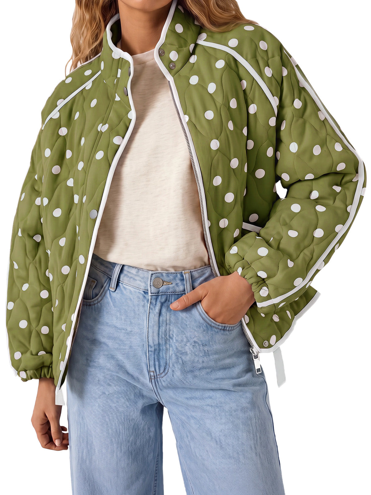 Tankaneo Women's Polka Dot Quilted Zip‑Up Jacket