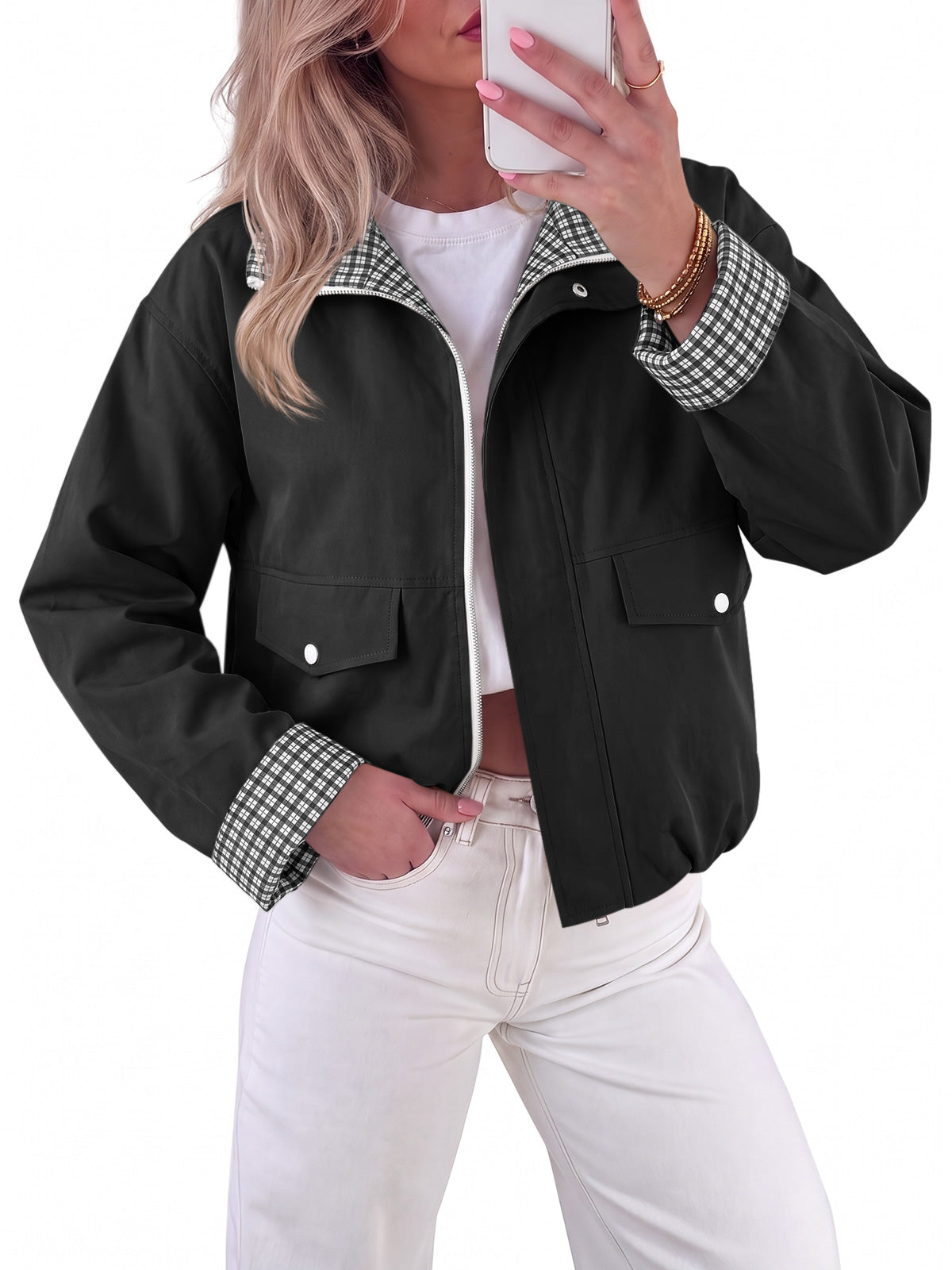 Tankaneo Women's Collar Plaid Trim Jacket
