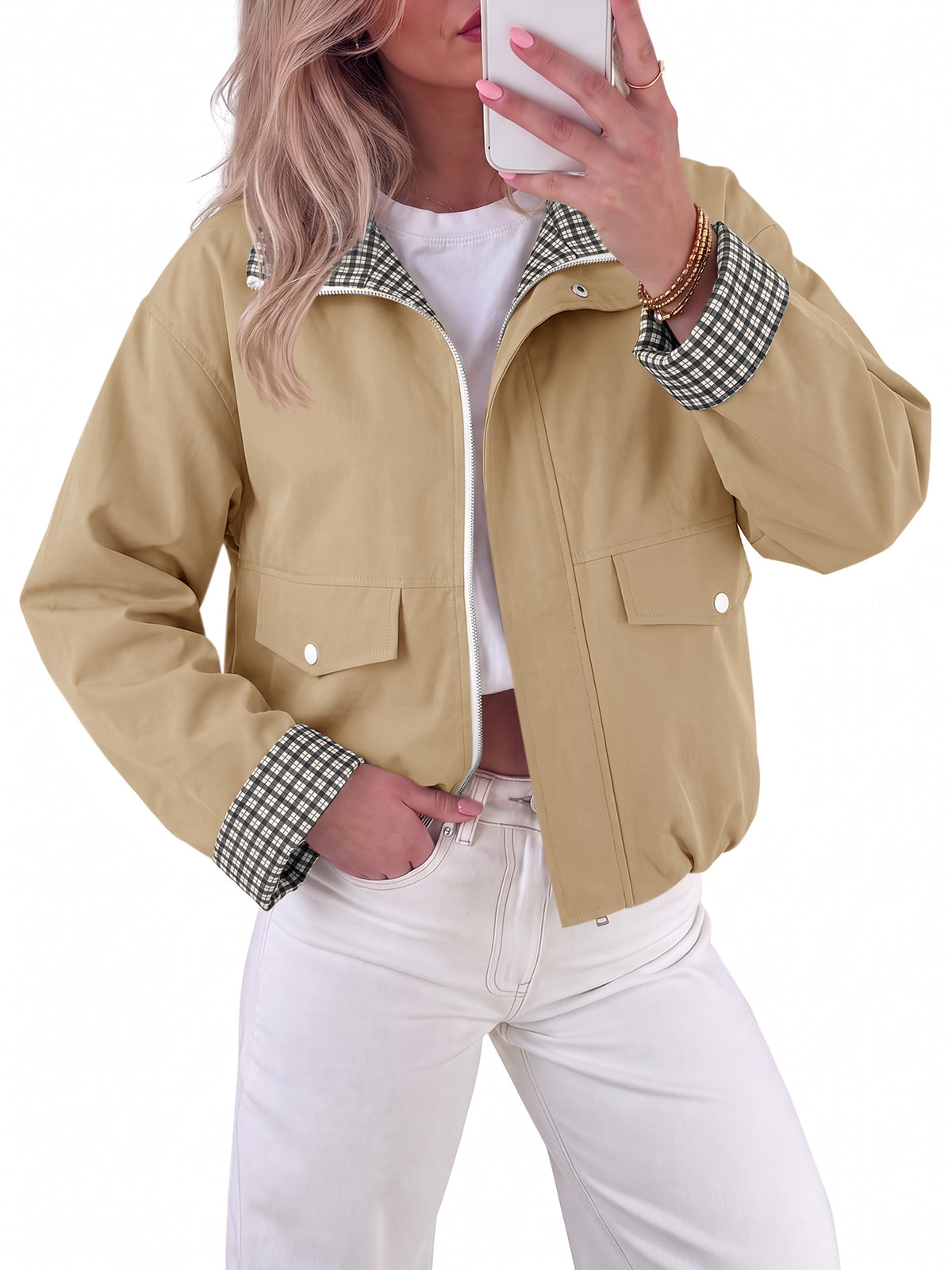 Tankaneo Women's Collar Plaid Trim Jacket