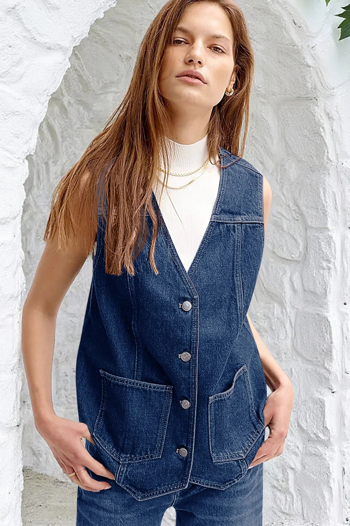 Tankaneo Denim Vest for Women Casual V Neck Button Down Sleeveless Jean Jacket