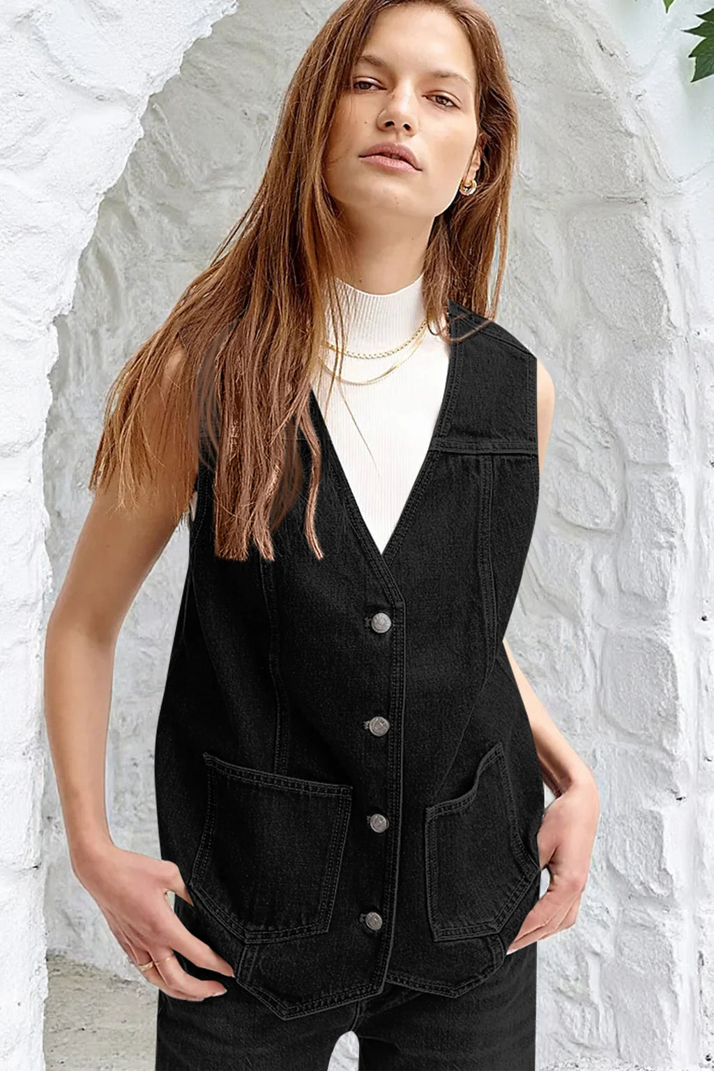 Tankaneo Denim Vest for Women Casual V Neck Button Down Sleeveless Jean Jacket