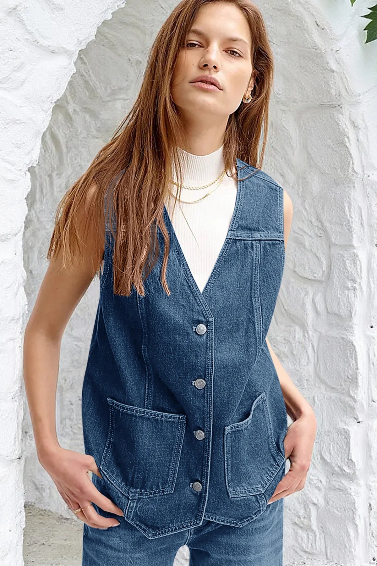Tankaneo Denim Vest for Women Casual V Neck Button Down Sleeveless Jean Jacket