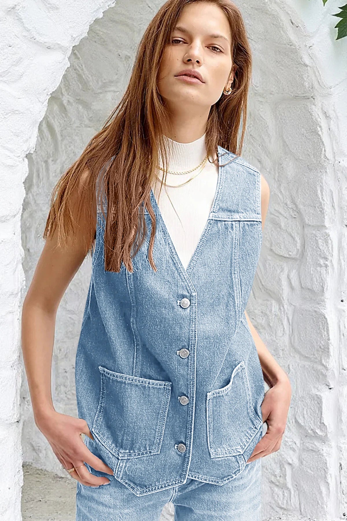 Tankaneo Denim Vest for Women Casual V Neck Button Down Sleeveless Jean Jacket