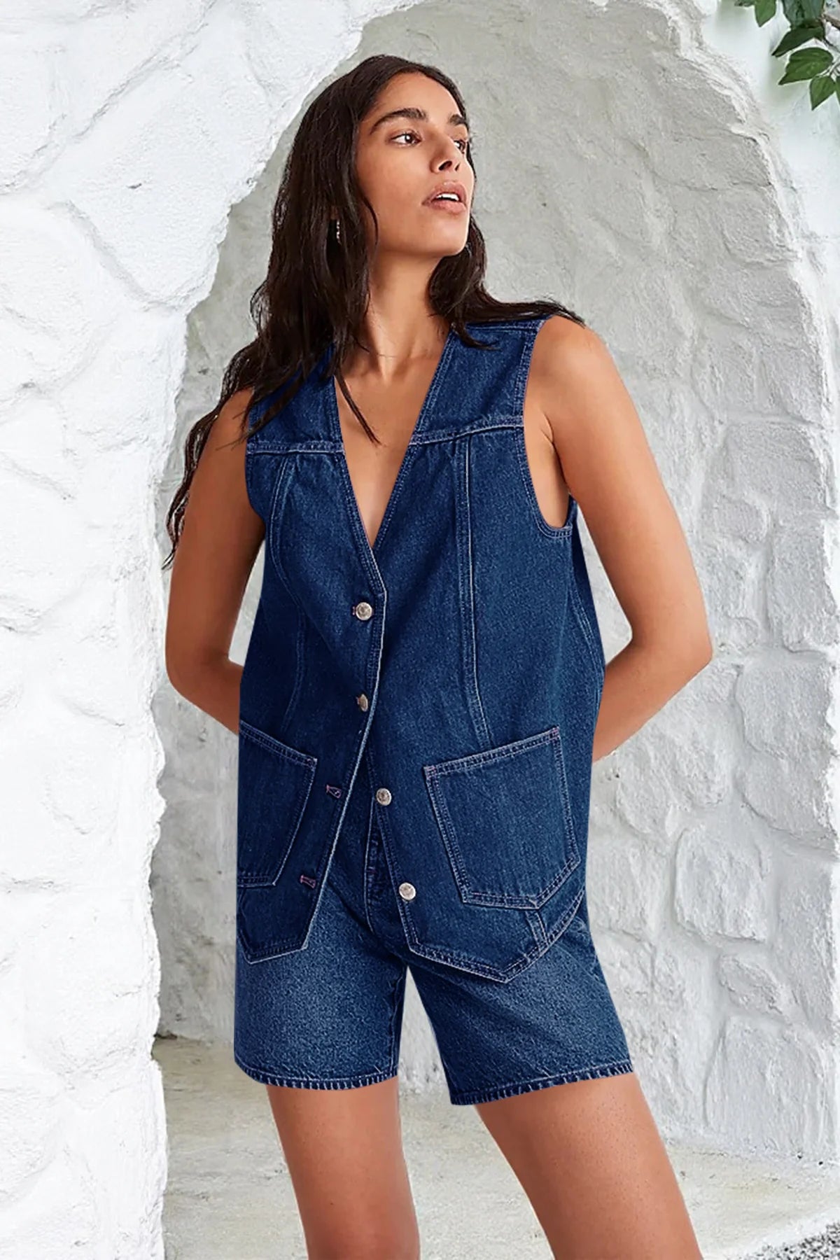 Tankaneo Denim Vest for Women Casual V Neck Button Down Sleeveless Jean Jacket