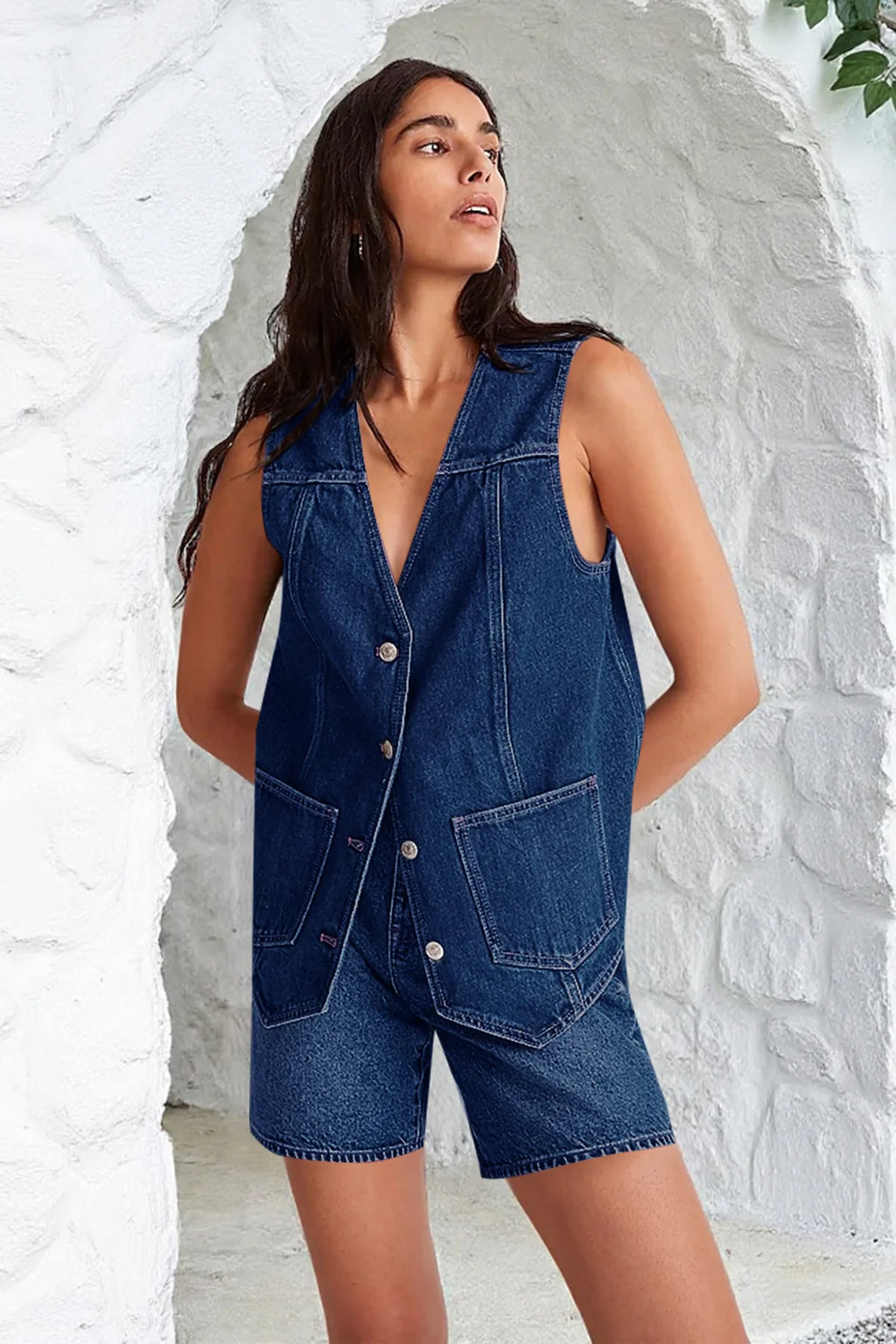 Tankaneo Denim Vest for Women Casual V Neck Button Down Sleeveless Jean Jacket