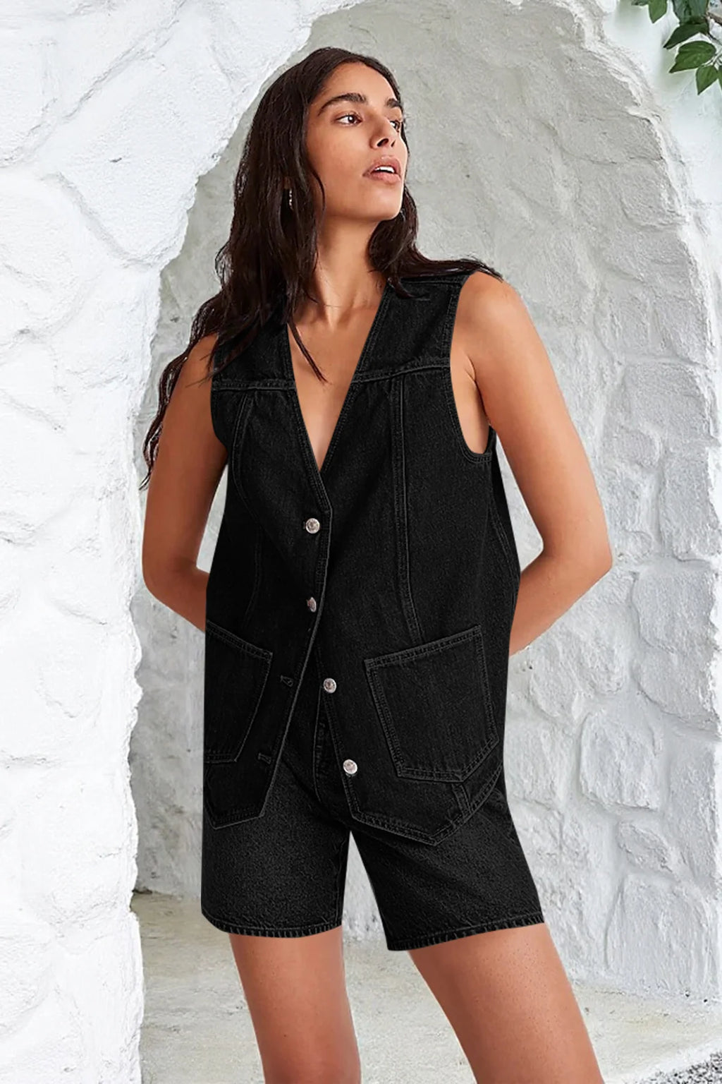 Tankaneo Denim Vest for Women Casual V Neck Button Down Sleeveless Jean Jacket