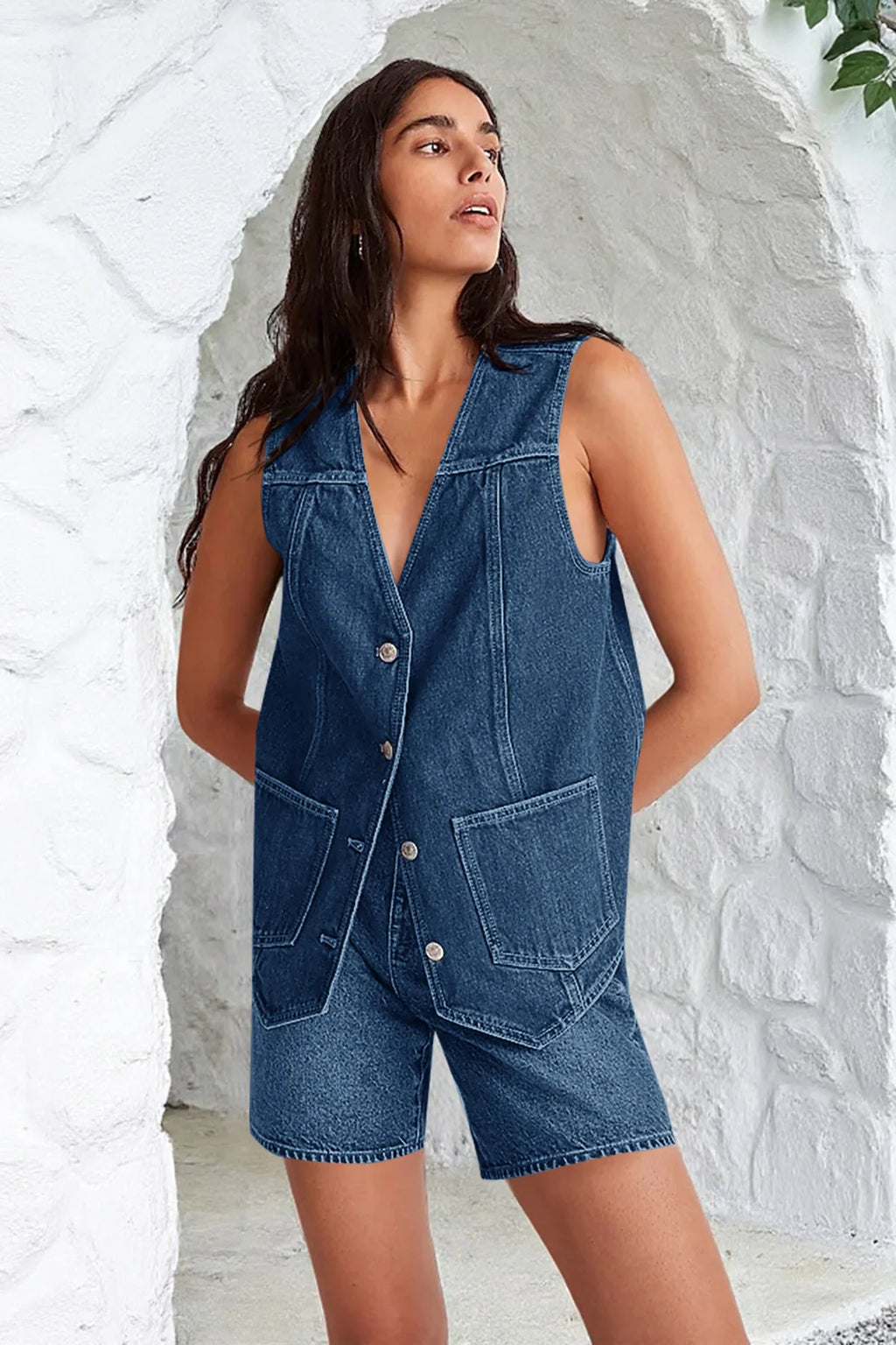 Tankaneo Denim Vest for Women Casual V Neck Button Down Sleeveless Jean Jacket