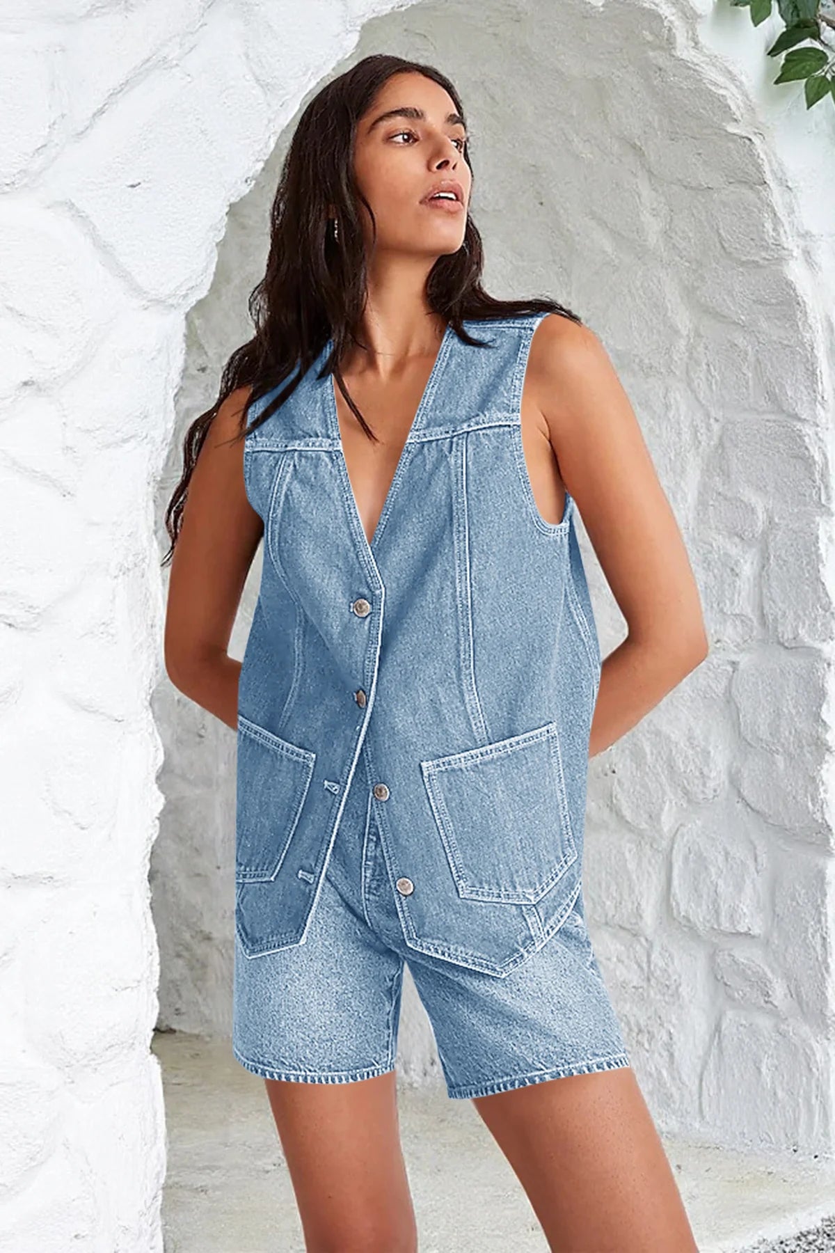 Tankaneo Denim Vest for Women Casual V Neck Button Down Sleeveless Jean Jacket