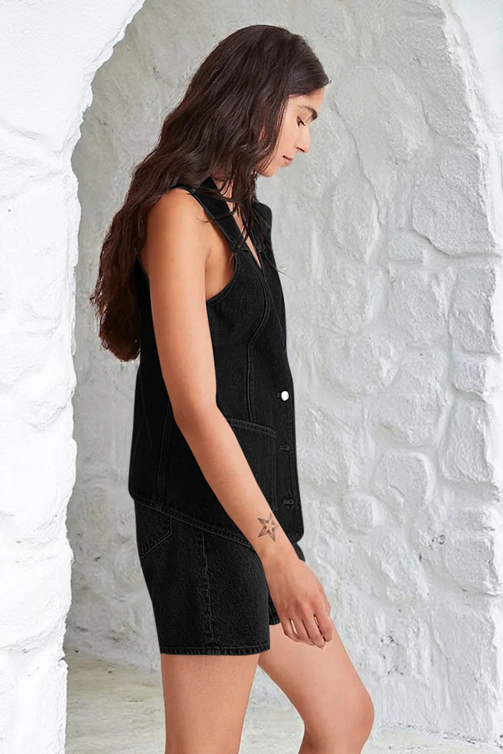 Tankaneo Denim Vest for Women Casual V Neck Button Down Sleeveless Jean Jacket