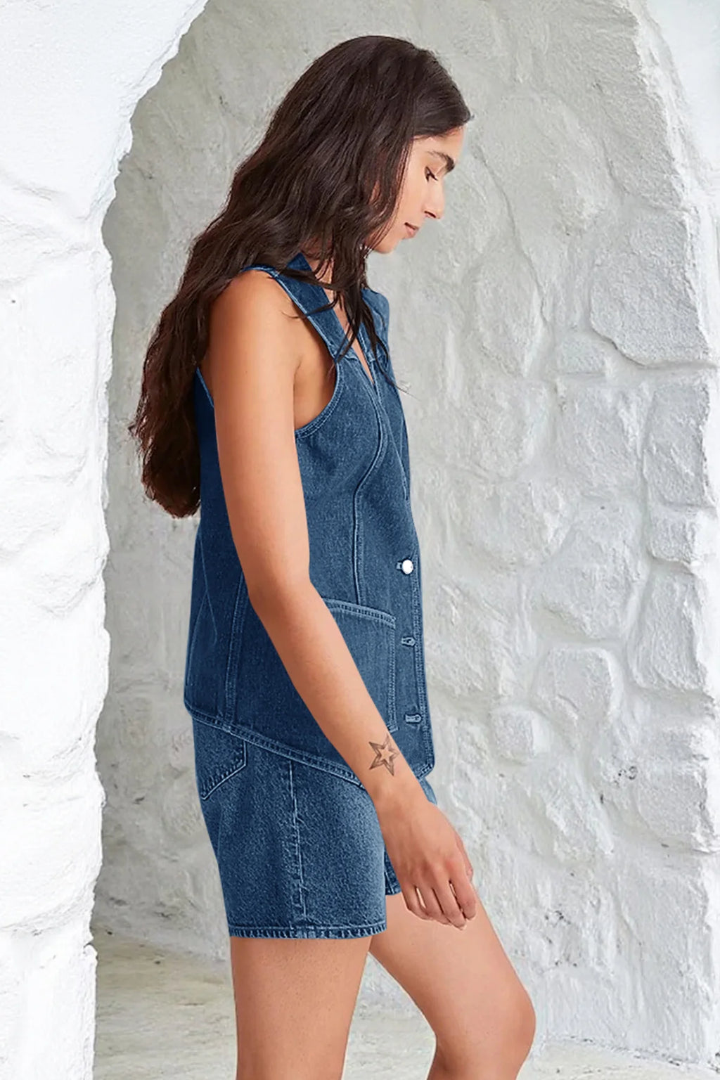 Tankaneo Denim Vest for Women Casual V Neck Button Down Sleeveless Jean Jacket