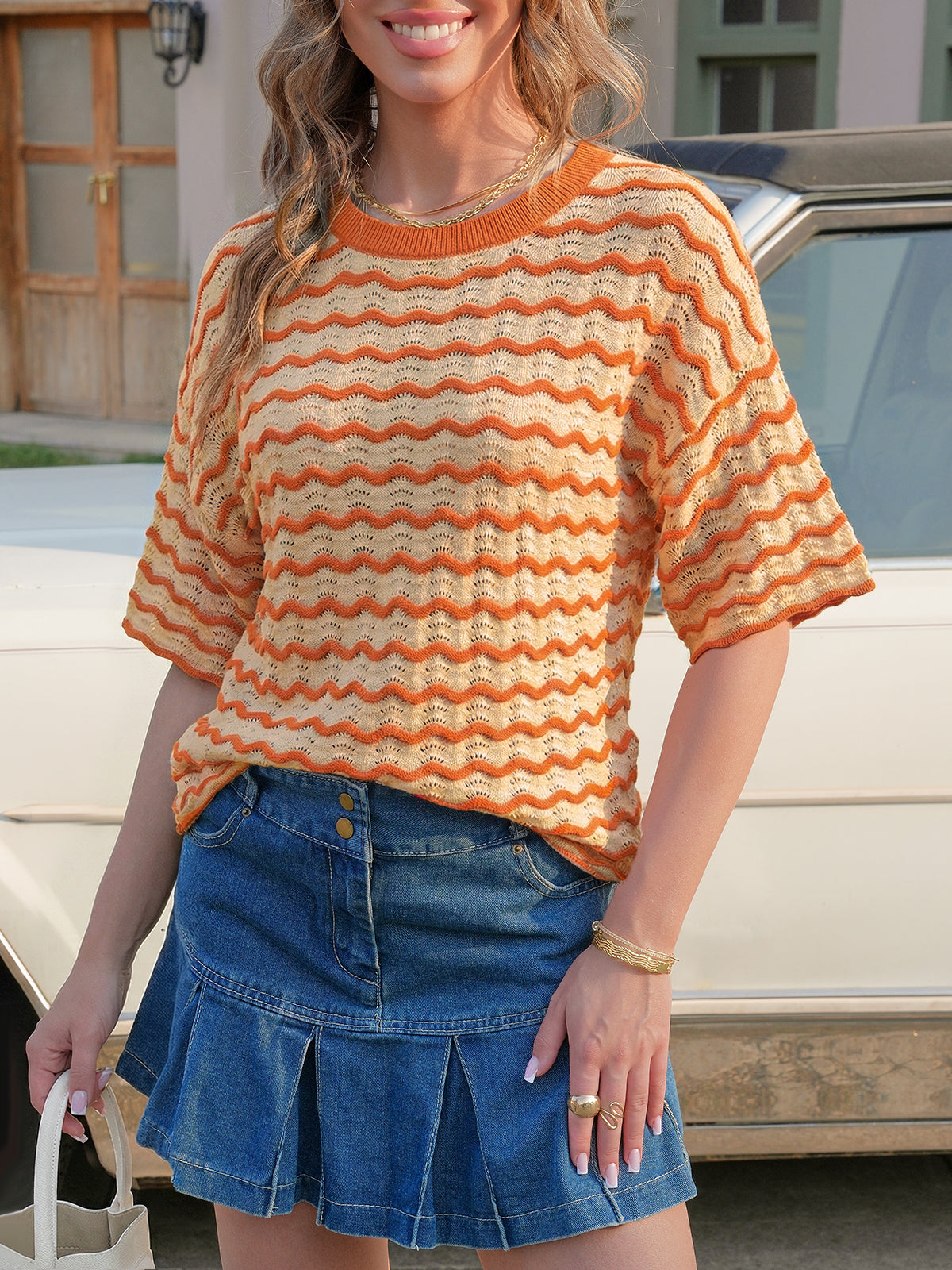 Tankaneo Womens Striped Oversized Tops Short Sleeve Loose Fit Color Block T Shirts Summer Casual Knit Cropped Blouses