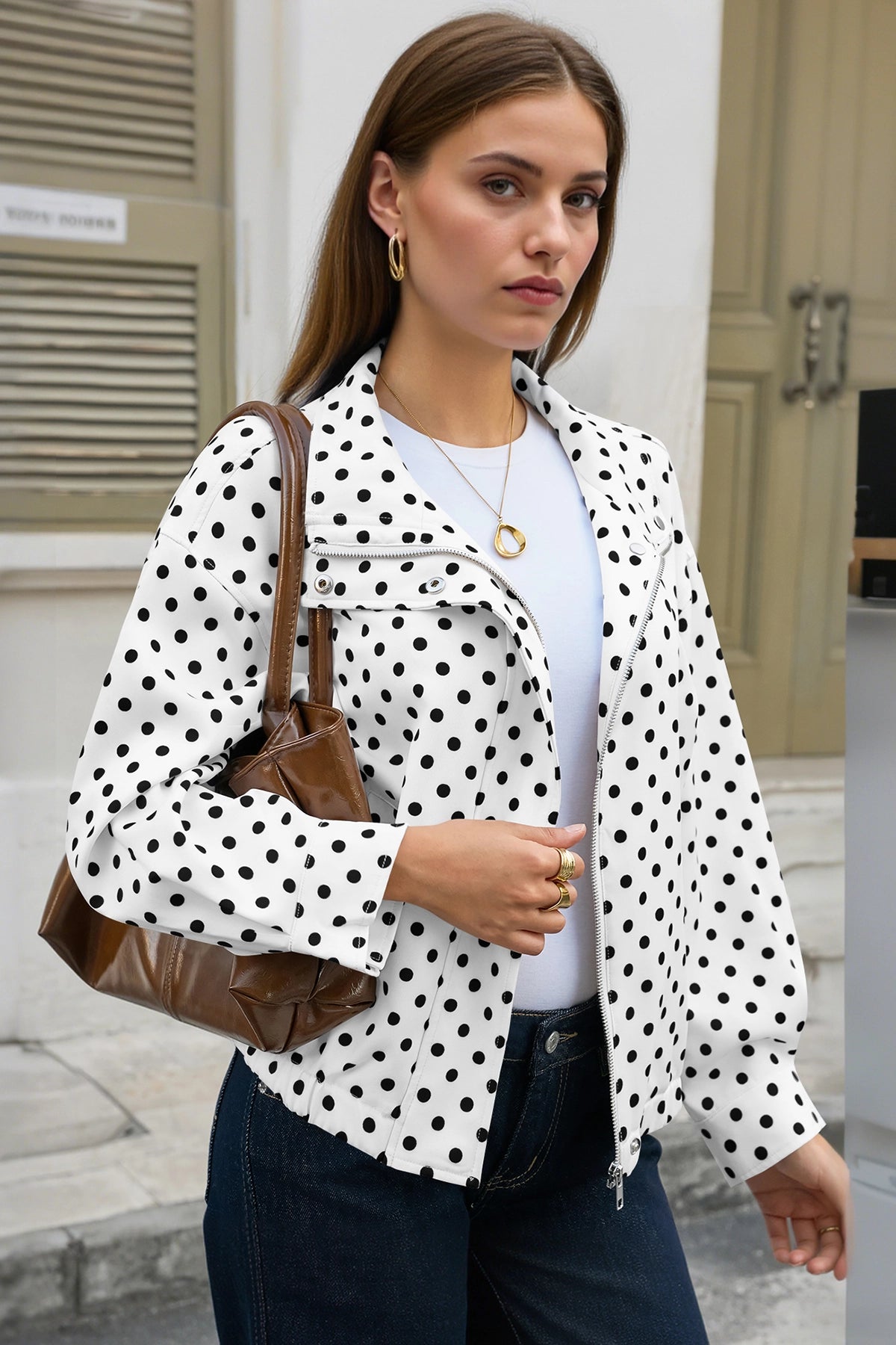 Tankaneo Womens Zip Up Cropped Jackets Polka Dot Oversized Jackets Spring Lightweight Trendy Casual Coats