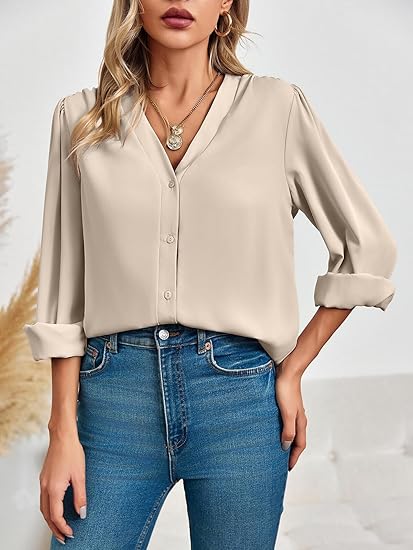Tankaneo Business Casual Tops Summer Long Sleeve Button Down Shirts V Neck Chiffon Blouses
