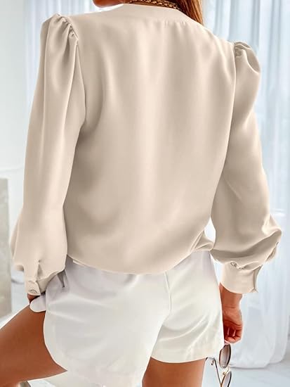 Tankaneo Business Casual Tops Summer Long Sleeve Button Down Shirts V Neck Chiffon Blouses