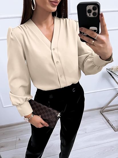 Tankaneo Business Casual Tops Summer Long Sleeve Button Down Shirts V Neck Chiffon Blouses