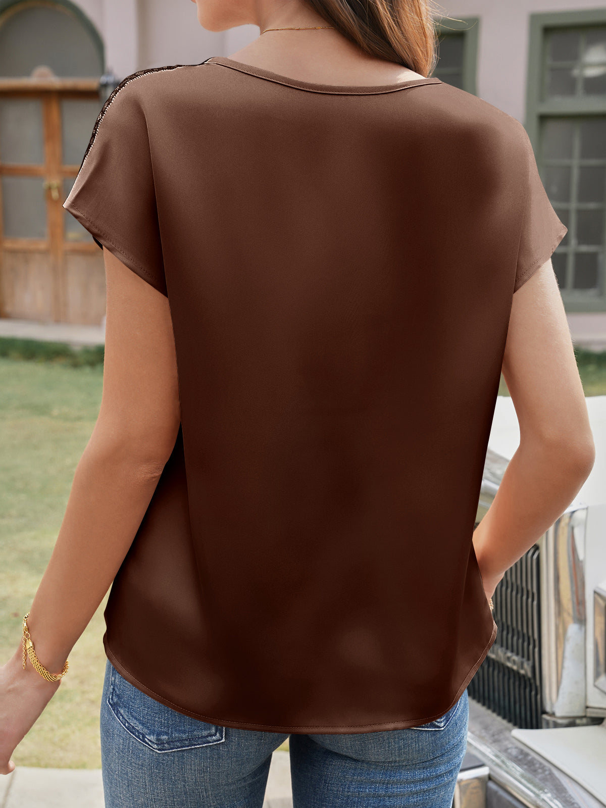 Tankaneo Womens Silk Satin Tank Tops Lace V Neck Cap Sleeve Summer Blouse Dressy Casual Loose Fit T Shirts