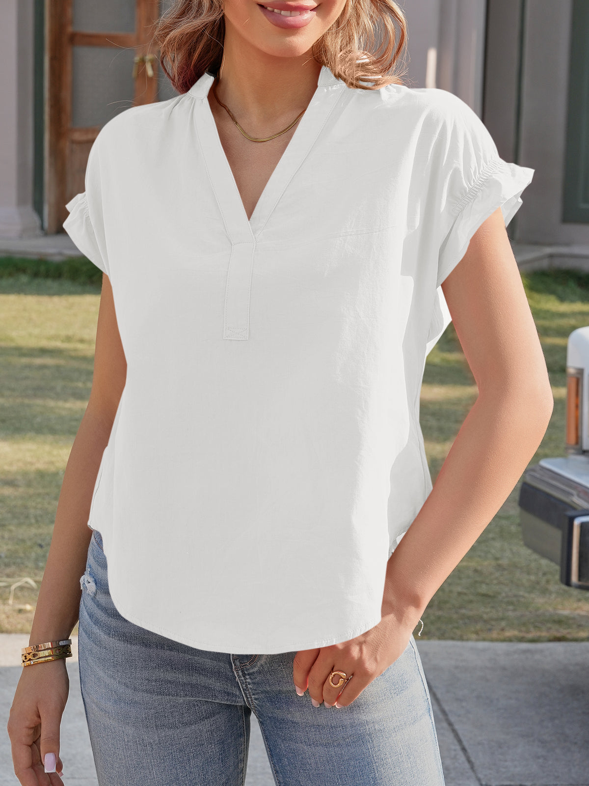 Tankaneo Womens Puff Sleeve V Neck Tops Summer Casual Cotton Blouse Trendy Loose Fit Tunic Shirts