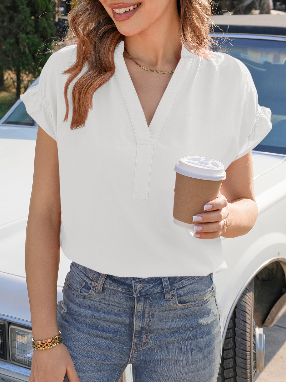 Tankaneo Womens Puff Sleeve V Neck Tops Summer Casual Cotton Blouse Trendy Loose Fit Tunic Shirts