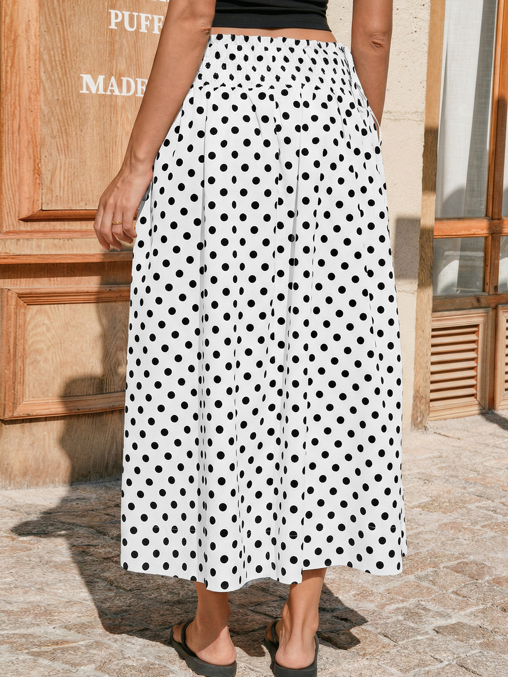 Tankaneo Womens Polka Dot Maxi Skirts Boho Smocked High Waisted Tie Sk