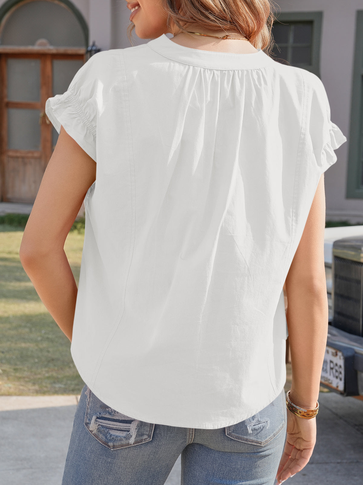 Tankaneo Womens Puff Sleeve V Neck Tops Summer Casual Cotton Blouse Trendy Loose Fit Tunic Shirts