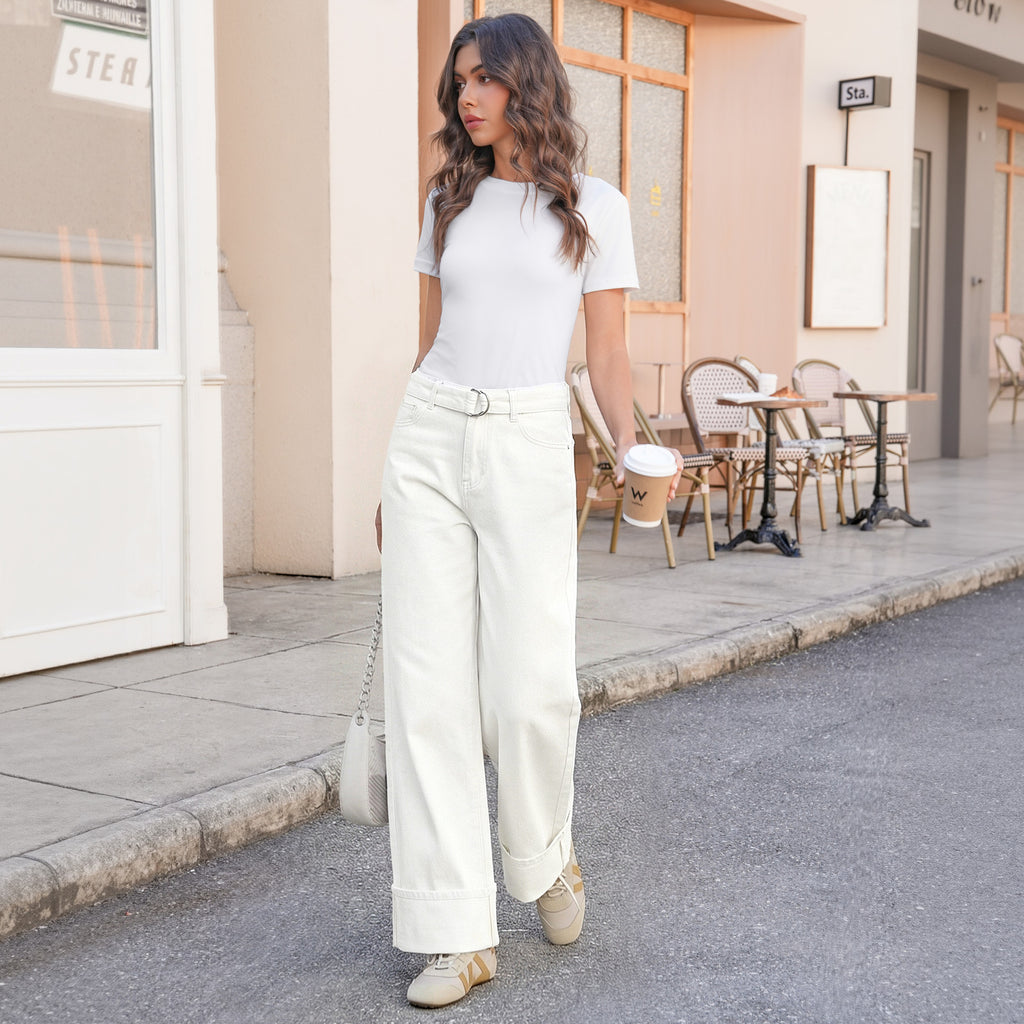 Tankaneo Womens Wide Leg Cuffed Jeans Trendy High Waisted Baggy Boyfriend Casual Denim Pants with Belted