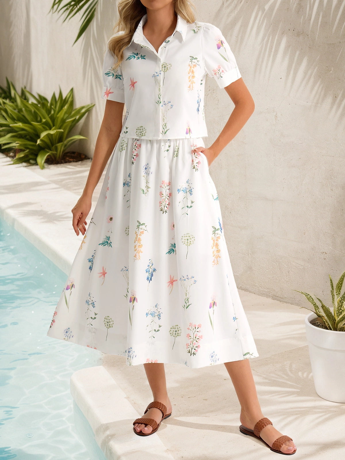 Tankaneo Womens Floral Print Shirt Dress Short-Sleeve Collared Midi Casual Dress