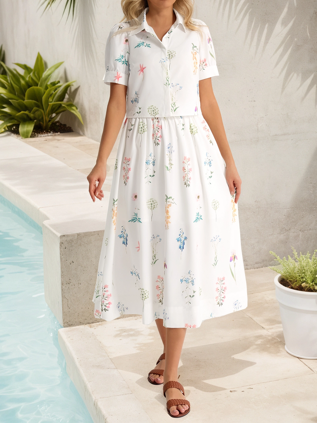 Tankaneo Womens Floral Print Shirt Dress Short-Sleeve Collared Midi Casual Dress