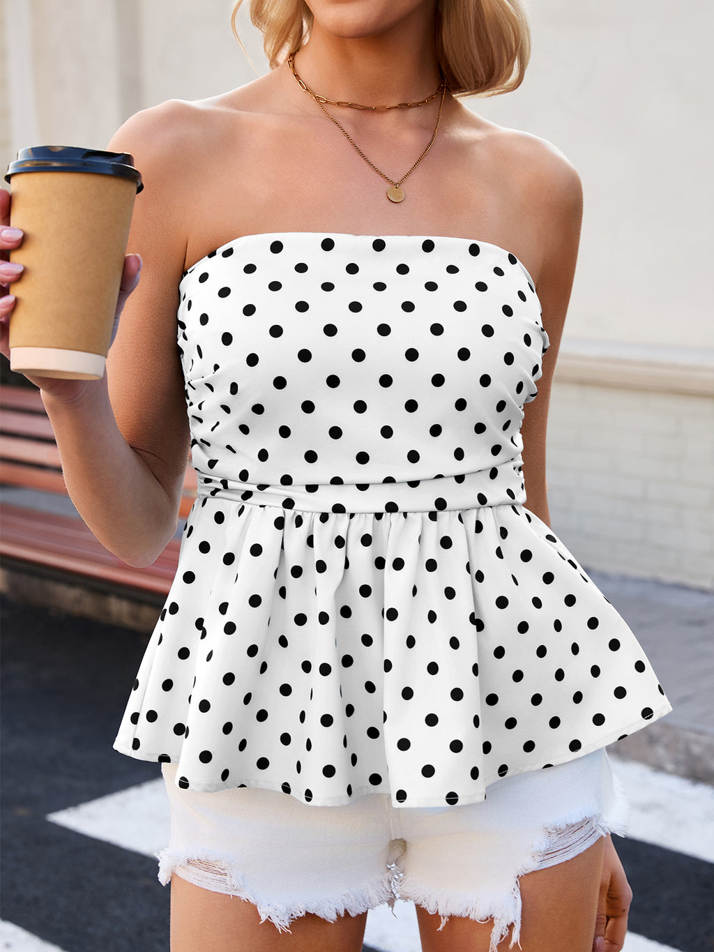 Tankaneo Womens Strapless Polka Dot Tube Tops Cute Backless Peplumn Ruffle Hem Bandeau Top Slim Fit Y2k Tank Tops