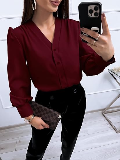 Tankaneo Business Casual Tops Summer Long Sleeve Button Down Shirts V Neck Chiffon Blouses