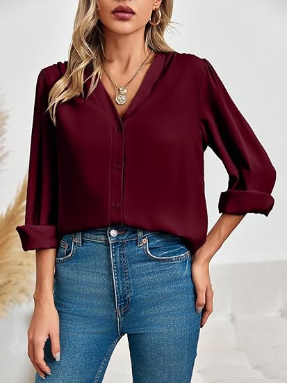Tankaneo Business Casual Tops Summer Long Sleeve Button Down Shirts V Neck Chiffon Blouses