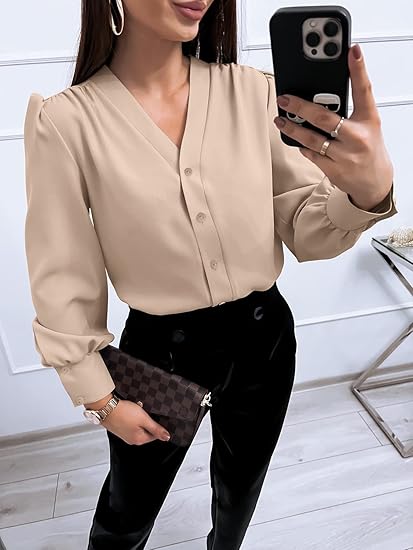 Tankaneo Business Casual Tops Summer Long Sleeve Button Down Shirts V Neck Chiffon Blouses
