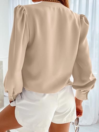 Tankaneo Business Casual Tops Summer Long Sleeve Button Down Shirts V Neck Chiffon Blouses