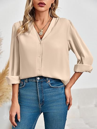 Tankaneo Business Casual Tops Summer Long Sleeve Button Down Shirts V Neck Chiffon Blouses