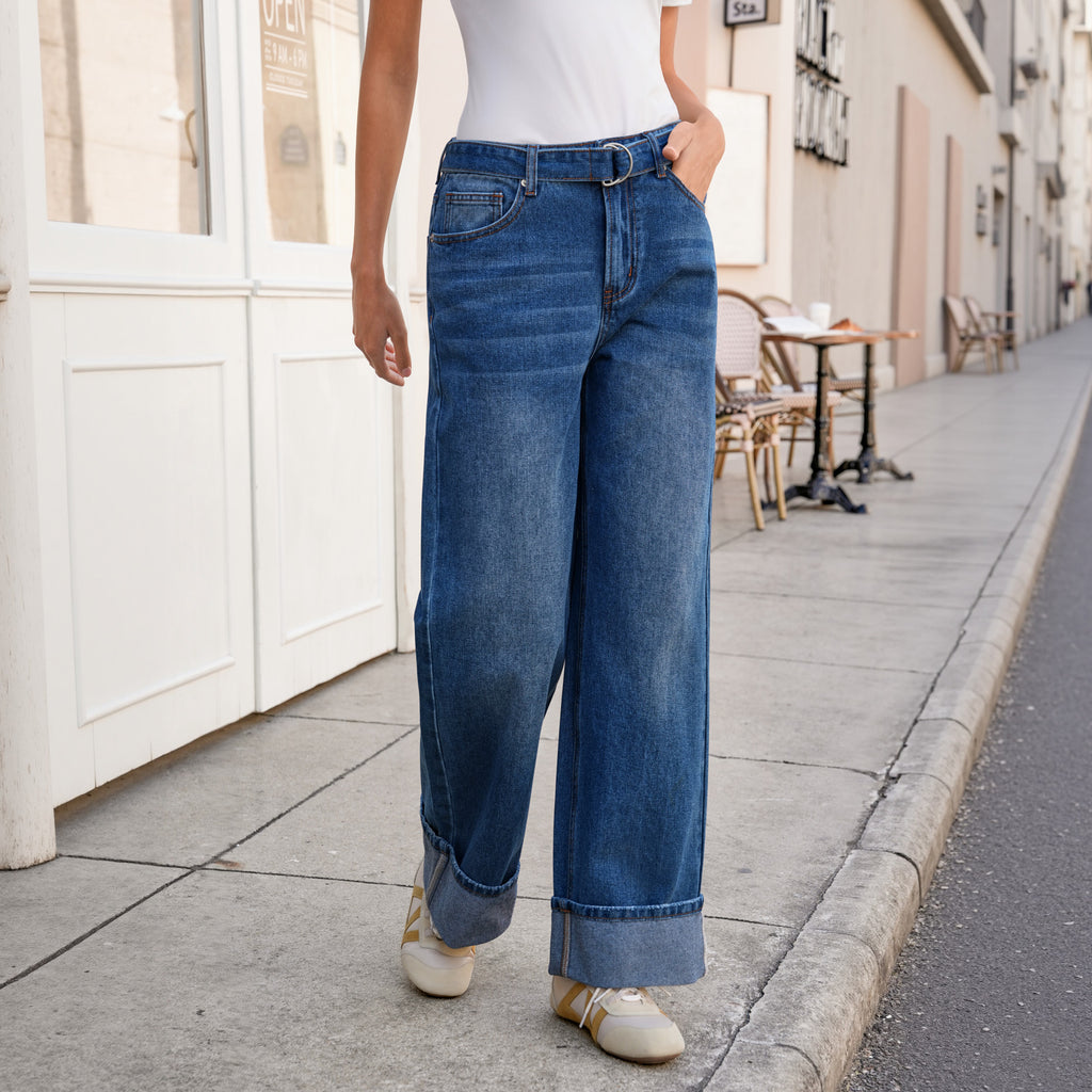 Tankaneo Womens Wide Leg Cuffed Jeans Trendy High Waisted Baggy Boyfriend Casual Denim Pants with Belted