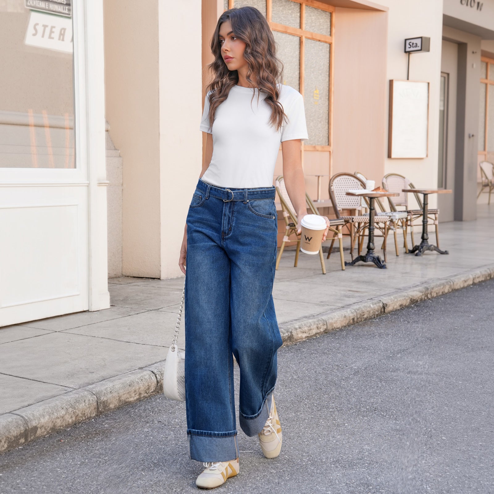 Tankaneo Womens Wide Leg Cuffed Jeans Trendy High Waisted Baggy Boyfriend Casual Denim Pants with Belted