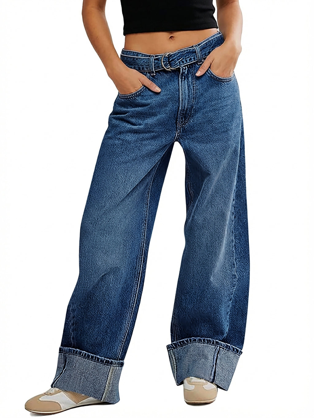Tankaneo Womens Wide Leg Cuffed Jeans Trendy High Waisted Baggy Boyfriend Casual Denim Pants with Belted