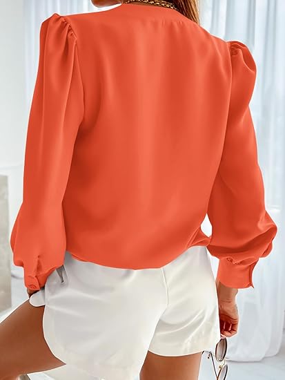 Tankaneo Business Casual Tops Summer Long Sleeve Button Down Shirts V Neck Chiffon Blouses