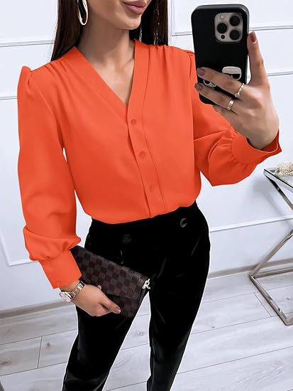 Tankaneo Business Casual Tops Summer Long Sleeve Button Down Shirts V Neck Chiffon Blouses