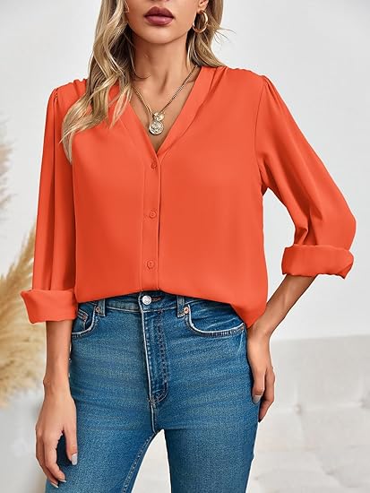 Tankaneo Business Casual Tops Summer Long Sleeve Button Down Shirts V Neck Chiffon Blouses