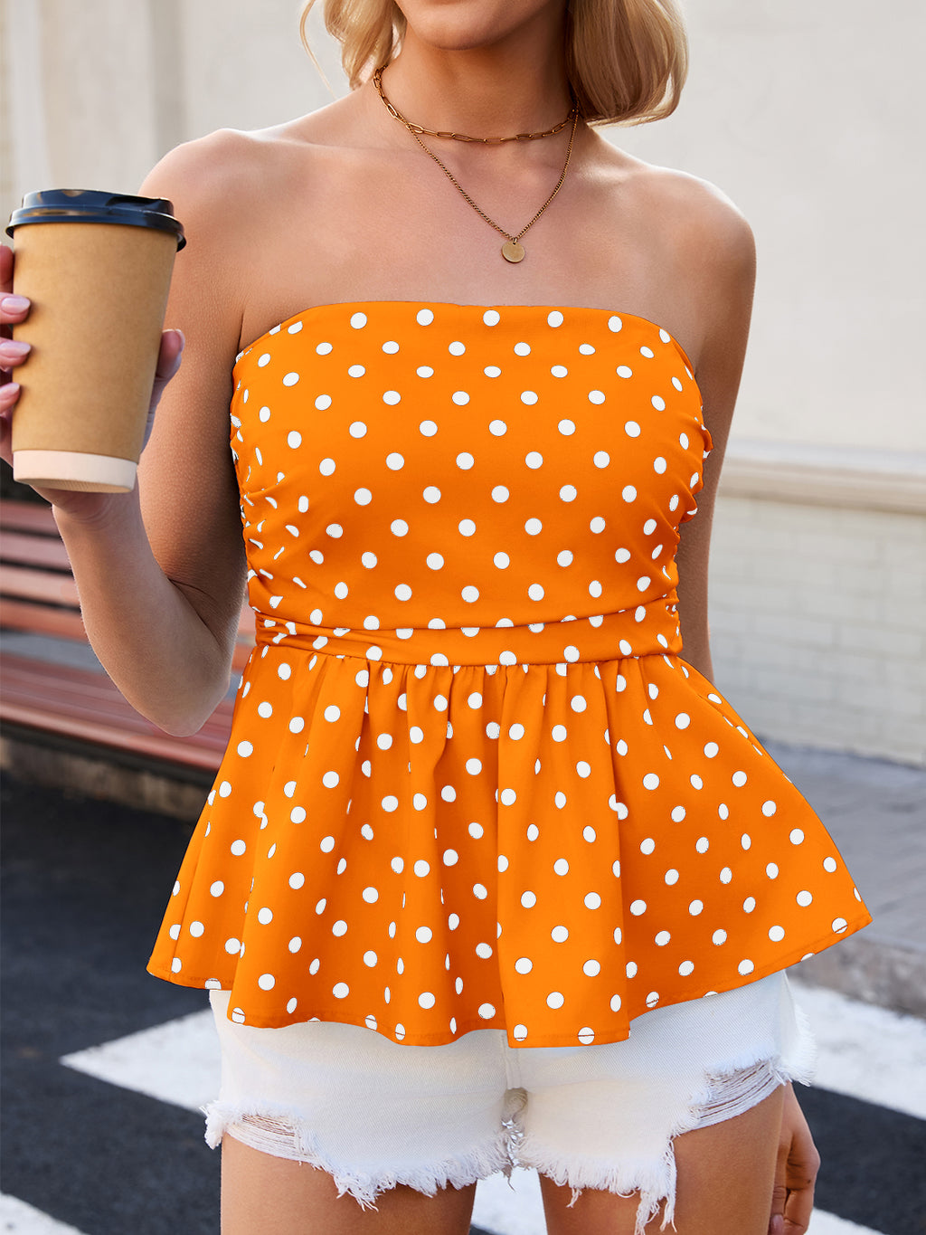 Tankaneo Womens Strapless Polka Dot Tube Tops Cute Backless Peplumn Ruffle Hem Bandeau Top Slim Fit Y2k Tank Tops