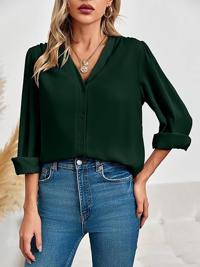Tankaneo Business Casual Tops Summer Long Sleeve Button Down Shirts V Neck Chiffon Blouses