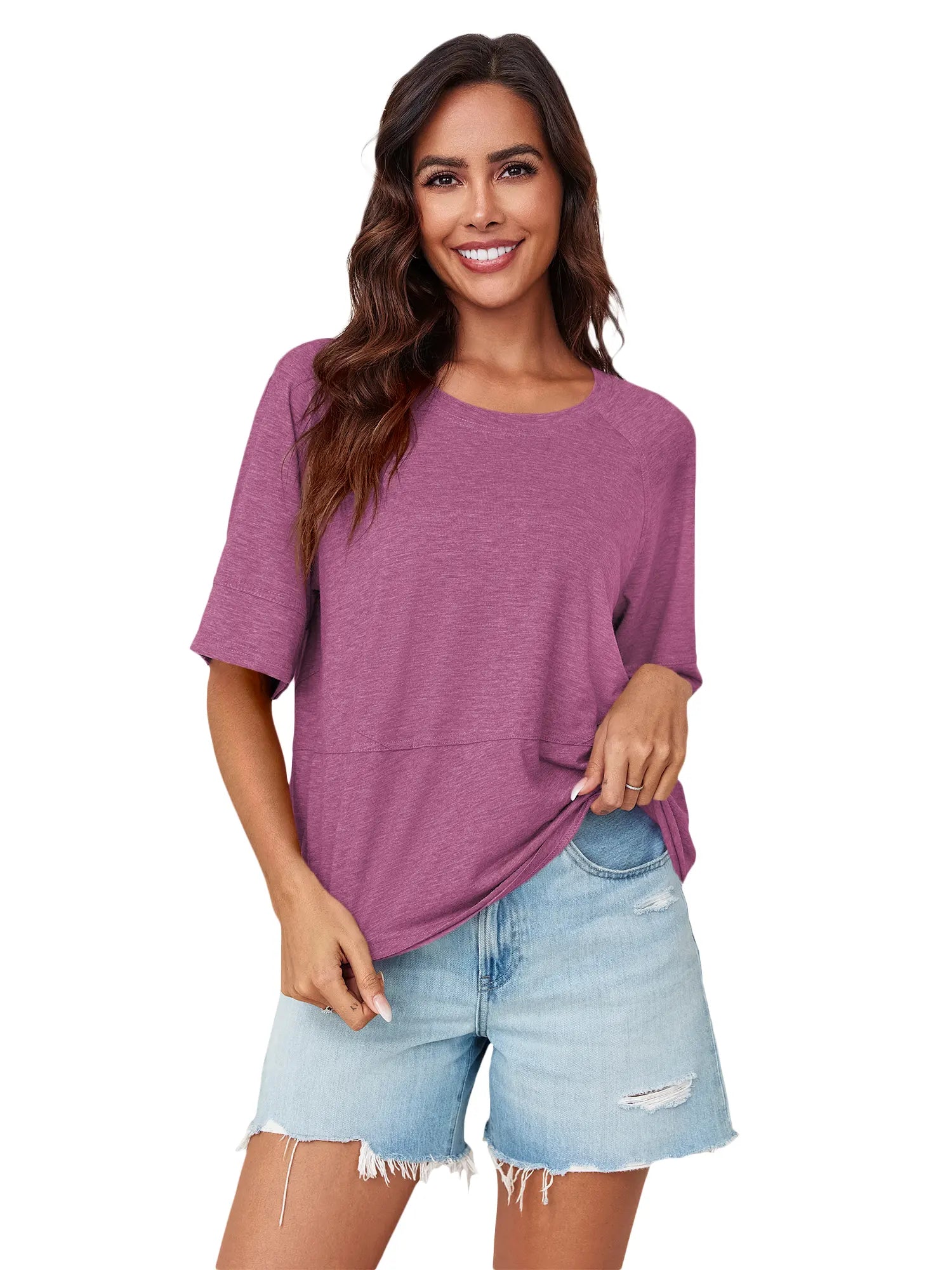 Tankaneo Women's Oversized 3/4 Sleeve Crewneck T-Shirt