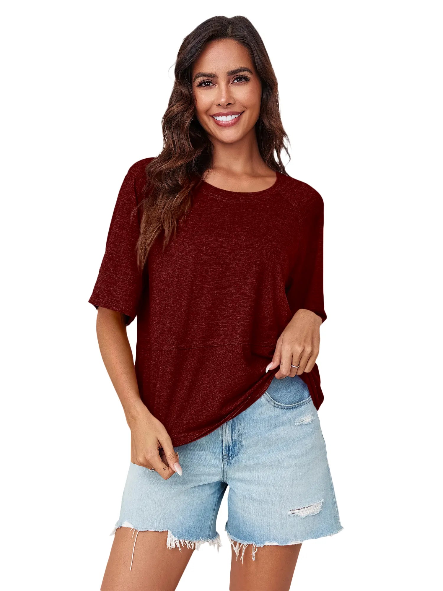 Tankaneo Women's Oversized 3/4 Sleeve Crewneck T-Shirt