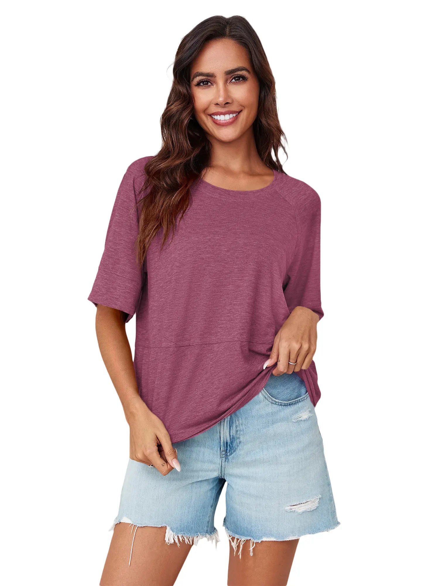 Tankaneo Women's Oversized 3/4 Sleeve Crewneck T-Shirt