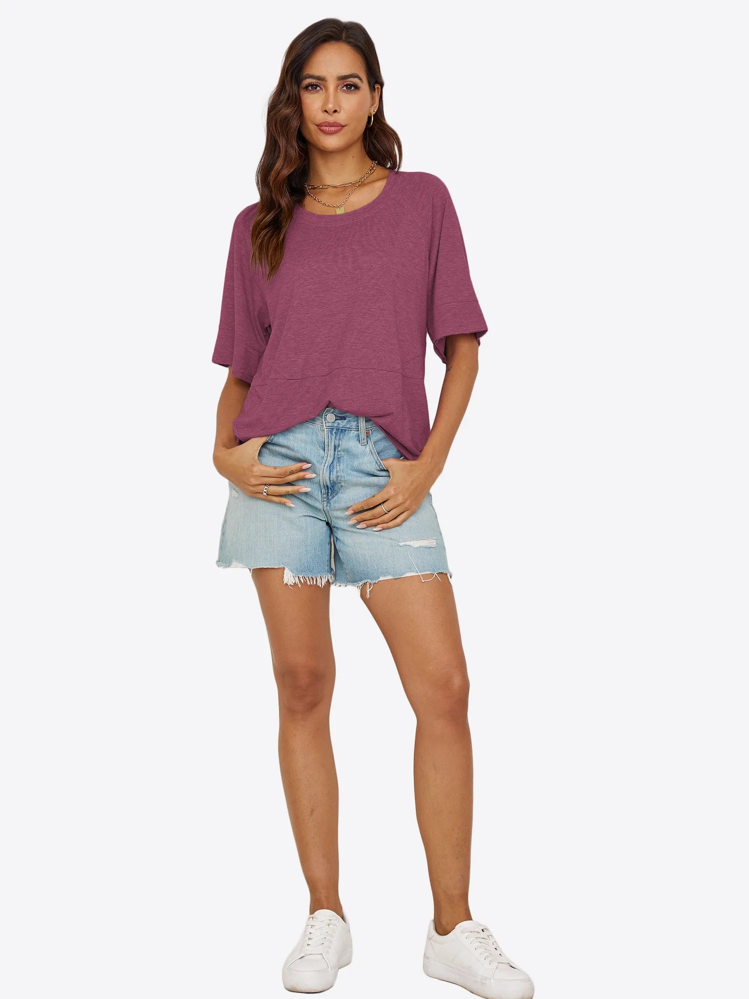 Tankaneo Women's Oversized 3/4 Sleeve Crewneck T-Shirt