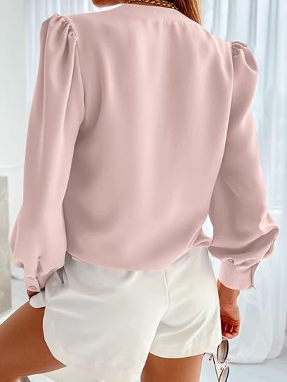 Tankaneo Business Casual Tops Summer Long Sleeve Button Down Shirts V Neck Chiffon Blouses