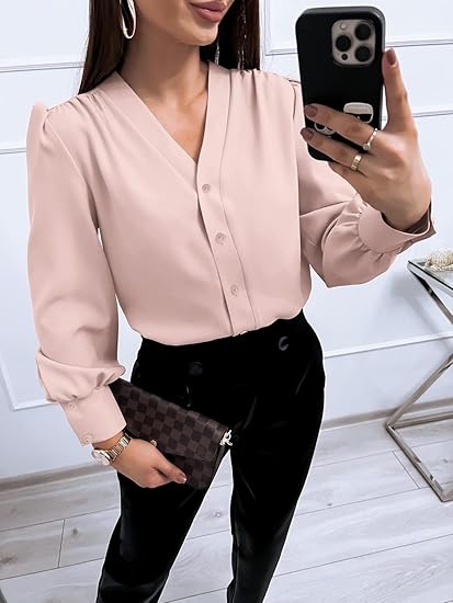 Tankaneo Business Casual Tops Summer Long Sleeve Button Down Shirts V Neck Chiffon Blouses